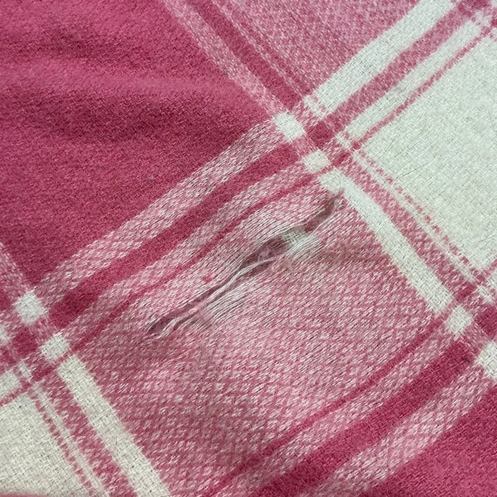 Vintage pink and cream reversible plaid soft wool blanket 72x77